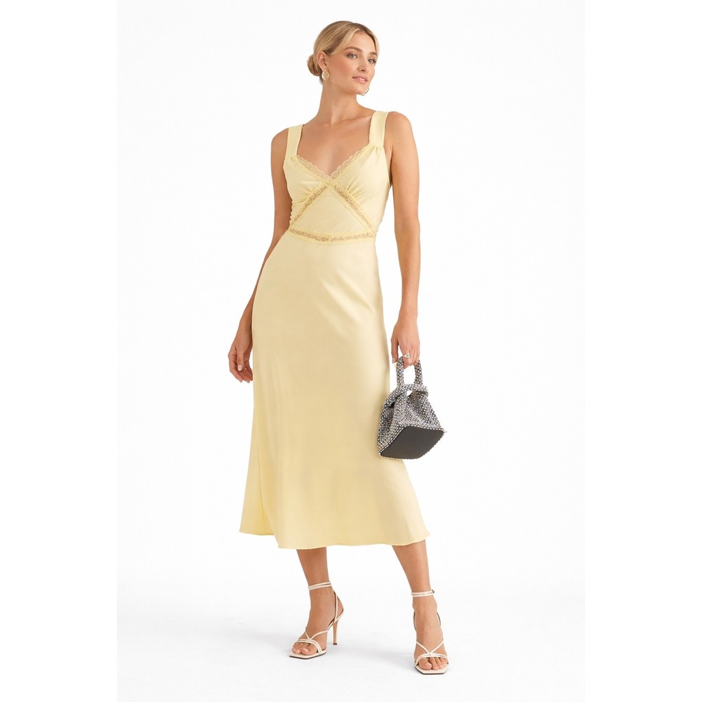 Bardot Lace Trim Midi Dress Lemon Yellow‎ Satin Cutout Back size Large  NWT